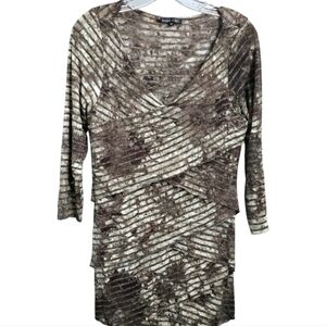 Boho Chic Brown and Tan 3/4 Sleeve Scoop Neck Shirt, Medium